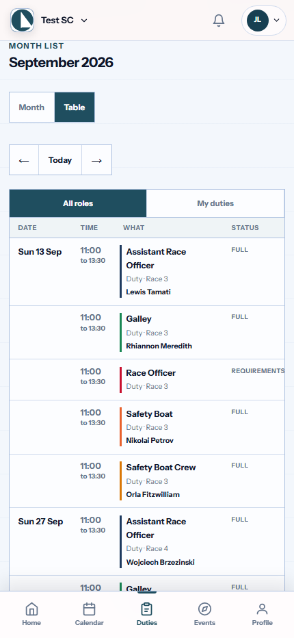SailHQ synthetic Test Club member duty calendar on a phone, showing race-day roles and assigned volunteers