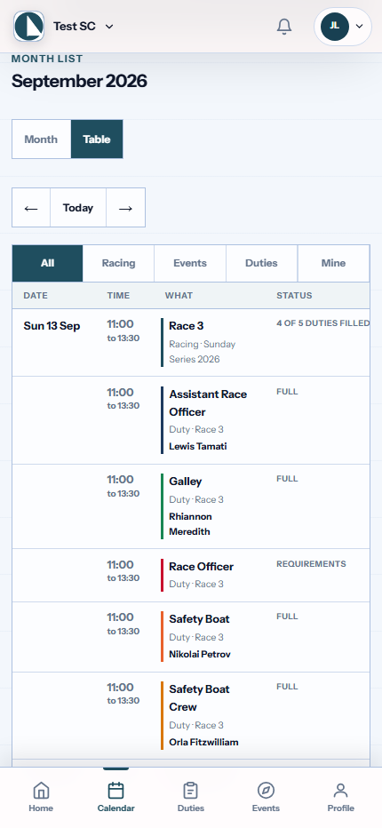 SailHQ synthetic Test Club shared calendar on a phone, showing racing and duty teams with programme filters