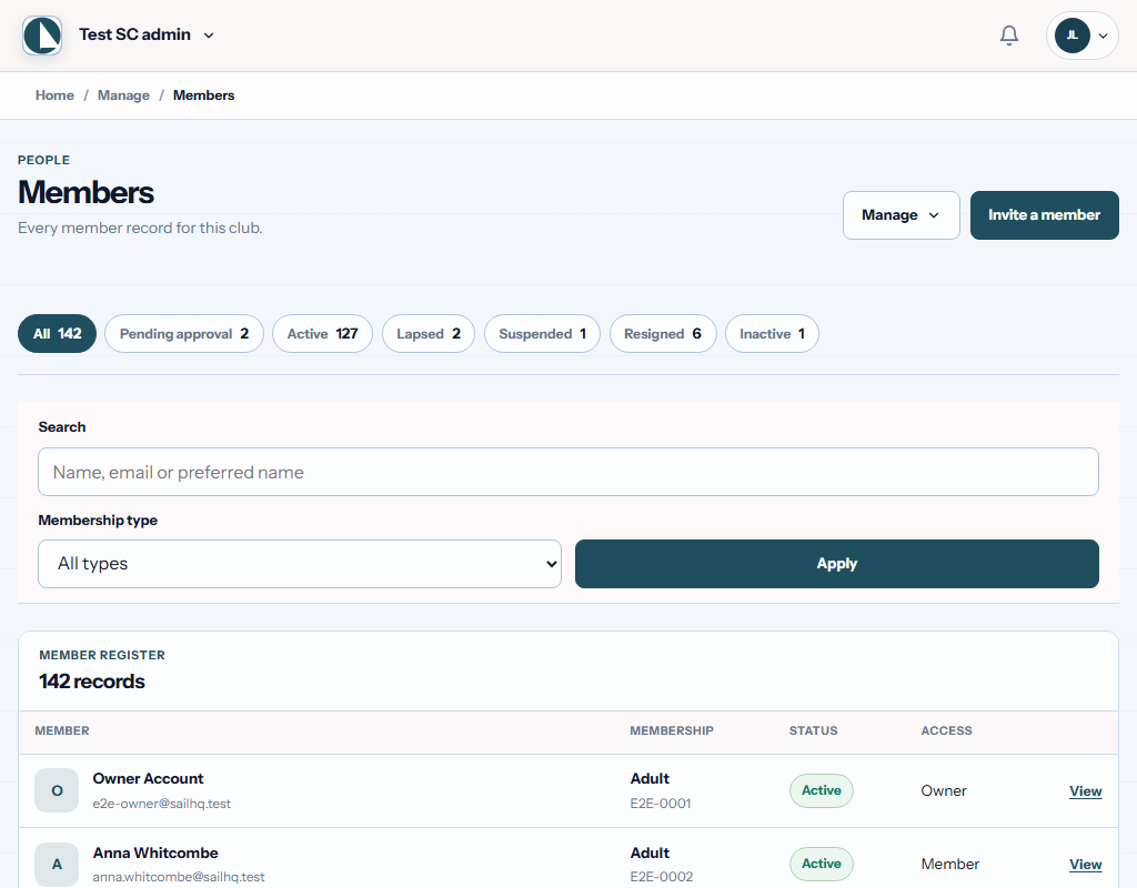 SailHQ synthetic Test Club officer member register showing membership types, member status and access