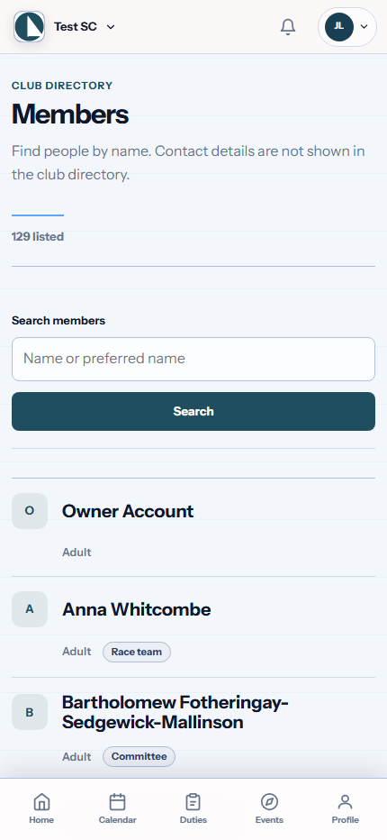 SailHQ synthetic Test Club member directory on a phone, with names and membership categories but no private contact details